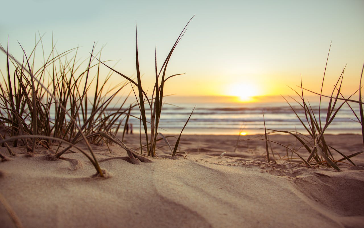 our-story Peaceful beach scene at sunset with sun, sea, and sandy dunes in view. Ideal for nature themes.