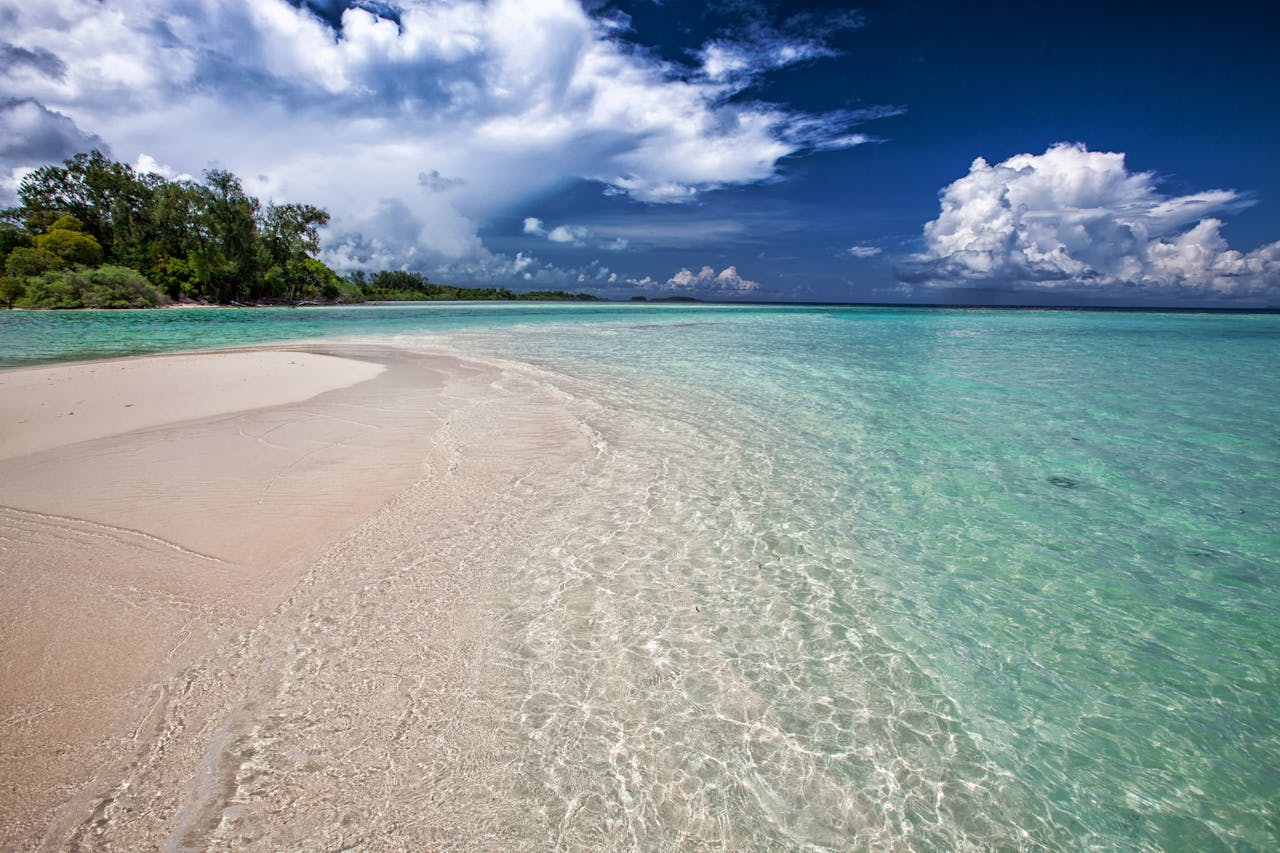 services-04 Idyllic tropical beach with clear turquoise water and lush greenery under a vibrant sky.